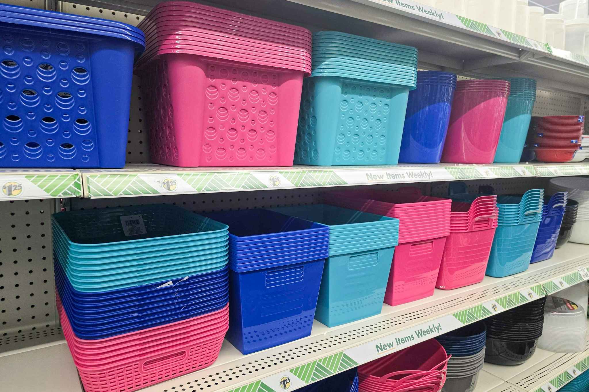 brightly colored storage bins on display