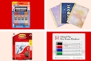 staples clearance collage with notebooks, glue sticks, command hooks, and dry erase markers