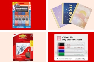 staples clearance collage with notebooks, glue sticks, command hooks, and dry erase markers