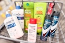 lubriderm, garnier, degree, and eucerin products in a cart