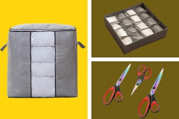 Scissors, a storage bag, and organizer in a collage