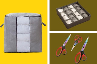 Scissors, a storage bag, and organizer in a collage