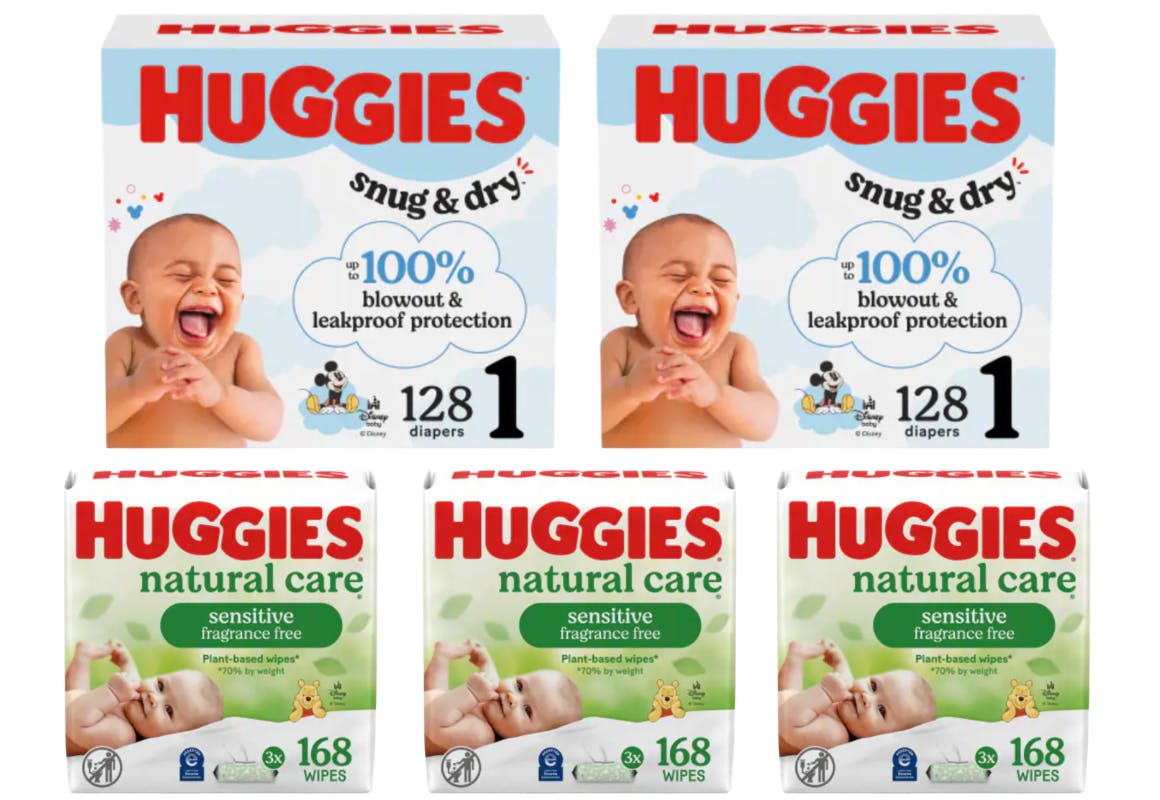 2 Huggies Diapers and 3 Huggies Wipes