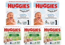 2 Huggies Diapers and 3 Huggies Wipes