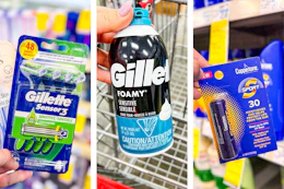 collage image of gillette razors, gillette foamy shave cream, and coppertone lip balm