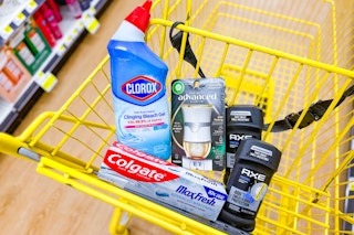 dollar general clorox, air wick, colgate, axe products in a shopping cart