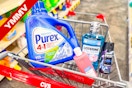 cvs shopping cart with purex, loreal, listerine, and axe products and a YMMV banner