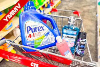 cvs shopping cart with purex, loreal, listerine, and axe products and a YMMV banner