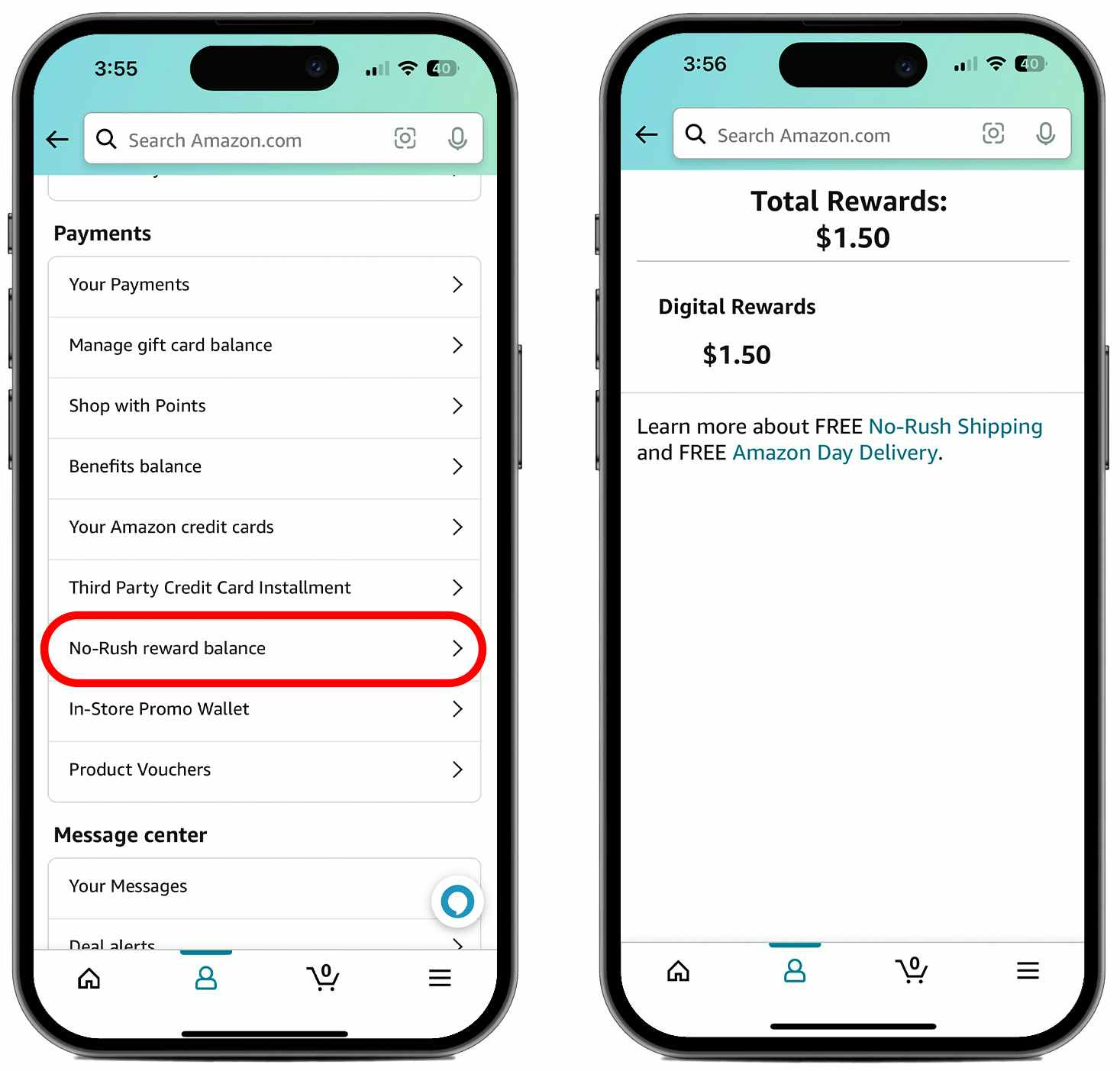 Two phones, one showing the list of links on the account menu in the Amazon app with the "No-rush reward balance" choice circled in ...