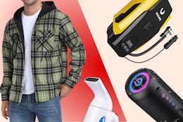 men's shacket, garment steamer, tire inflator, bluetooth speaker