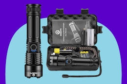 Esgofo Flashlights High Lumens 10000 Rechargeable on a blue background.