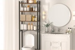 storage rack above toilet and holding toiletries 
