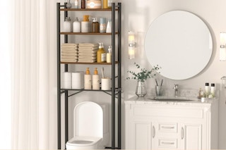 storage rack above toilet and holding toiletries 