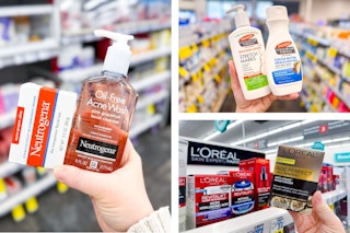 collage image of neutrogena, loreal, and palmers skincare items