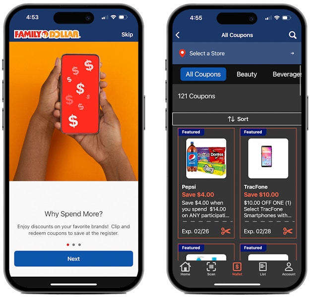Two phones showing how to get to the coupons and a list of coupons on the Family Dollar app
