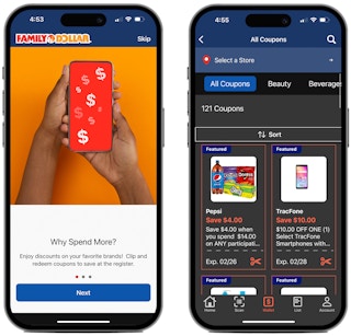 Two phones showing how to get to the coupons and a list of coupons on the Family Dollar app