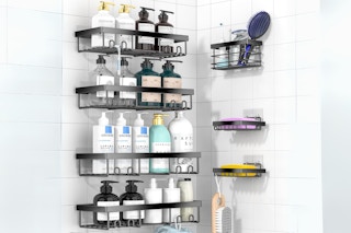 Four large shelves, one small shelf, and two soap dishes make up this 7-piece shower caddy set.