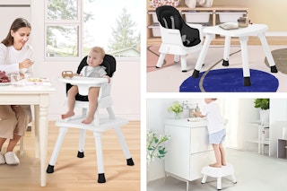 Three lifestyle images of the AILEEKISS 8-in-1 high chair being used in three different ways