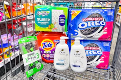 schick razors, tide pods, swiffer dry cloths, dove hand soap, and oreos in a cart