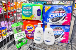 schick razors, tide pods, swiffer dry cloths, dove hand soap, and oreos in a cart