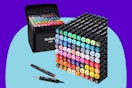 Alcohol Markers, 80 Colors Dual Brush Tip Permanent Art Markers on a blue background.