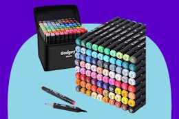Alcohol Markers, 80 Colors Dual Brush Tip Permanent Art Markers on a blue background.