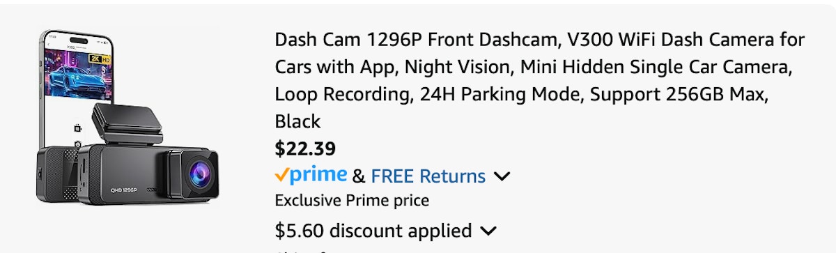 dash cam Amazon receipt