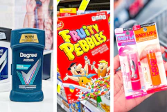 collage image of degree deodorant, fruity pebbles cereal, and maybelline baby lips