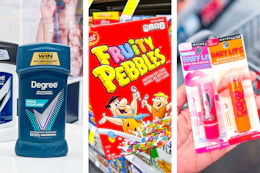 collage image of degree deodorant, fruity pebbles cereal, and maybelline baby lips