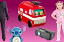 women's lounge set, Stitch bubble machine, Radio Flyer ride-on, Barbie toddler outfit & Projector