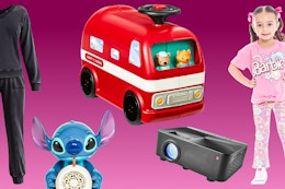 women's lounge set, Stitch bubble machine, Radio Flyer ride-on, Barbie toddler outfit & Projector
