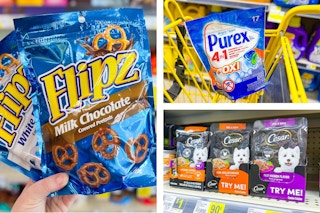 dollar general flipz, purex, cesar 3-photo collage