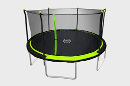 Stock image of black and green 14-foot BouncePro Sportspower Trampoline 