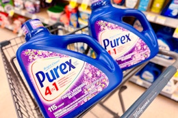 purex liquid laundry detergent in a walgreens shopping cart