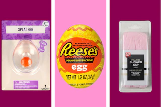 collage with splat egg toy, reeses egg candy, and shower cap