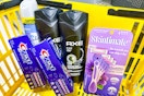 crest toothpaste, glade air freshener, axe body wash, and skintimate razors in a cart