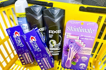 crest toothpaste, glade air freshener, axe body wash, and skintimate razors in a cart