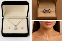 SuperJeweler earrings, necklace, and ring on display. 