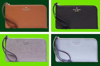 Various Kate Spade Medium L-Zip Wristlets on a dark and light green collage background.