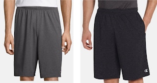 two men wearing champion shorts