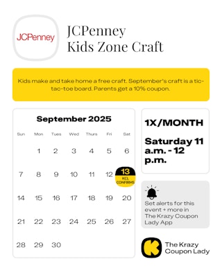 JCPenney Kids Zone upcoming free crafts for 2025