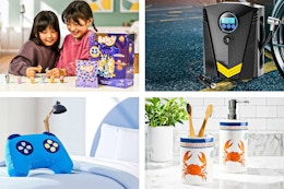 4 lifestyle images of Walmart clearance deals: Bluey toys, tire pump, game controller pillow & bath accessory set