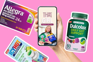 Pink background with phone holding "that girl" video, next to Dulcolax, Icy Hot, and Allegra. 