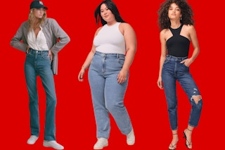 Three women with different body types model Abercrombie jeans in varying washes