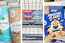collage image of st ives body wash, colgate toothpaste, and frosted flakes cereal