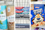 collage image of st ives body wash, colgate toothpaste, and frosted flakes cereal