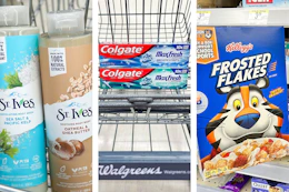 collage image of st ives body wash, colgate toothpaste, and frosted flakes cereal