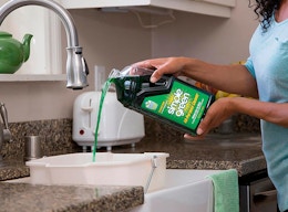 a person pouring cleaning solution in a bucket in a sink