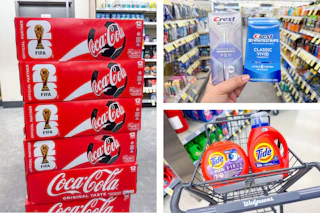 collage image of coca-cola soda, crest whitening products, and tide detergent