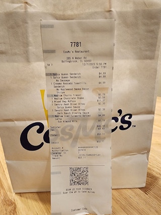 A receipt from a December 2023 purchase at the first-ever CosMc's restaurant in Chicagoland, Illinois — courtesy of @DHedgie on X.
